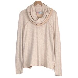 FP BEACH Cowl Neck Top OS One Size Heathered Beige Cotton L/S Casual Knit Shirt